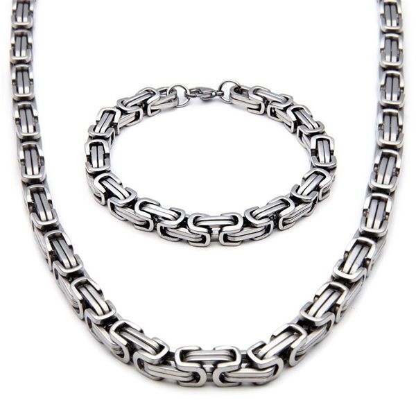 Pour hommes 8 mm Acier Inoxydable BYZANTIN Chaîne Collier et Bracelet Set Silver