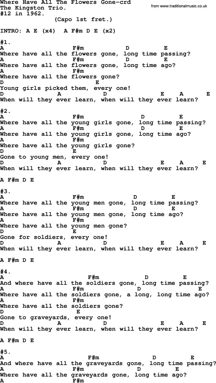 Guitar Chords For Where Have All The Flowers Gone Where Have All the Flowers Gone Chords and Lyrics