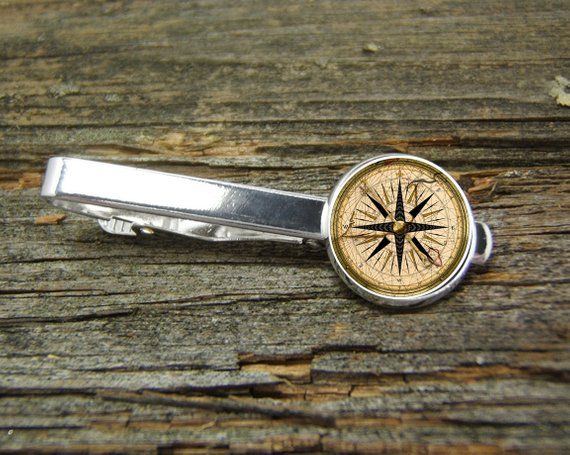 Tie Bar Tie Clip And Cufflinks Gift Set Mens Silver Compass Mens Accessories Handmade