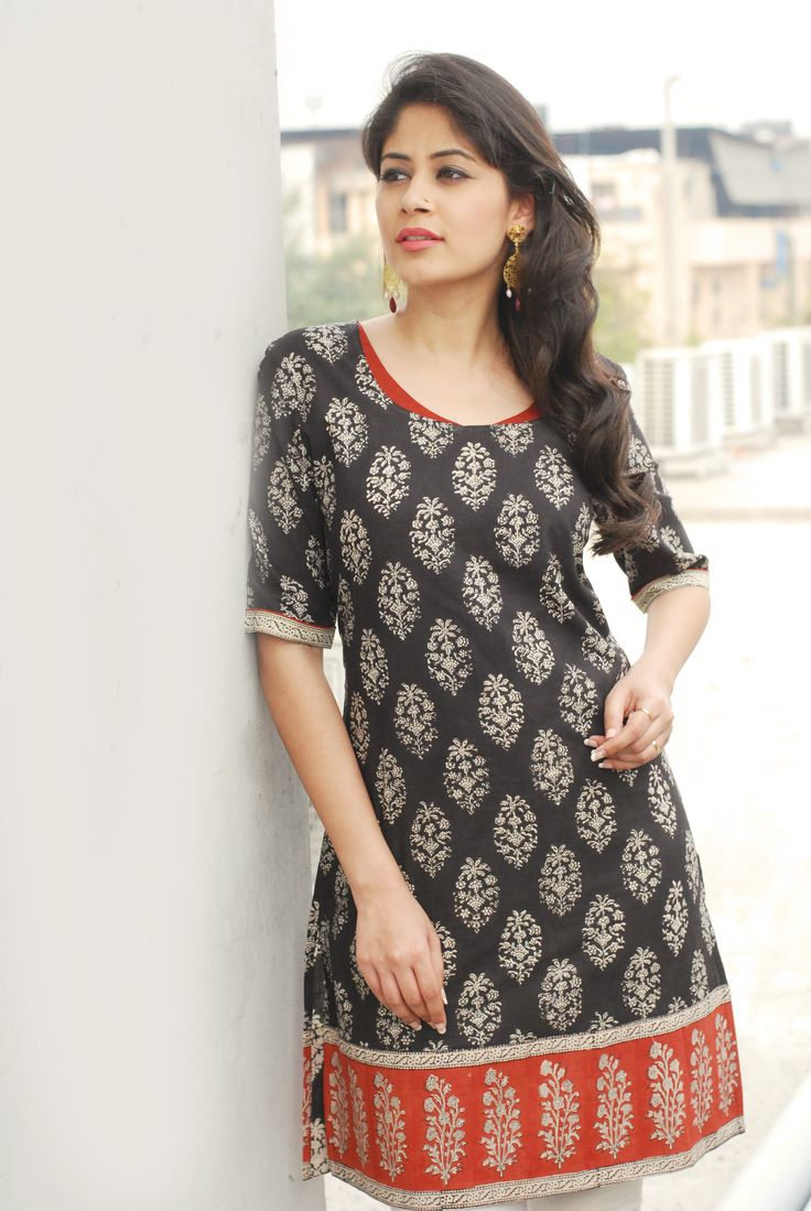 black printed kurta with red border Fashion clothes women