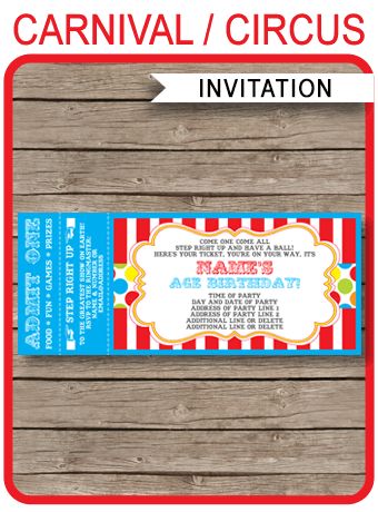 ★INSTANT DOWNLOAD★ Circus or Carnival Party Ticket Invitation template. Personalize the editable template at home. Download, edit and print right now!