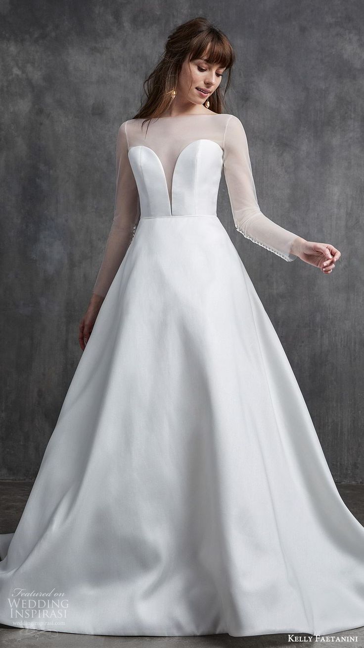 kelly faetanini spring 2020 bridal illusion long sleeves sheer bateau neck split...