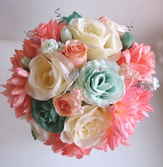 Bridal Bouquet Sola Flowers Ivory coral green colors Wedding Bouquet Bridesmaid bouquet Sola flowers Handmade Natural Wedding Bouquet