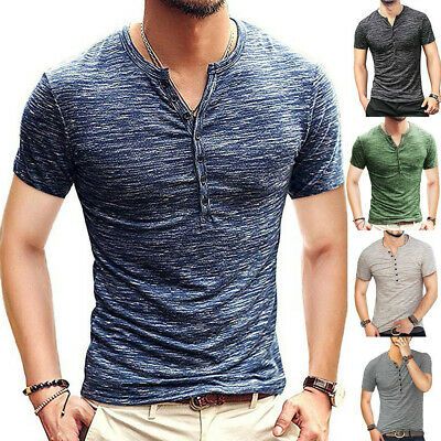 Summer Men/'s Short Sleeve Lace Up V-Neck Shirt Top Henley Muscle T shirt Tee UK