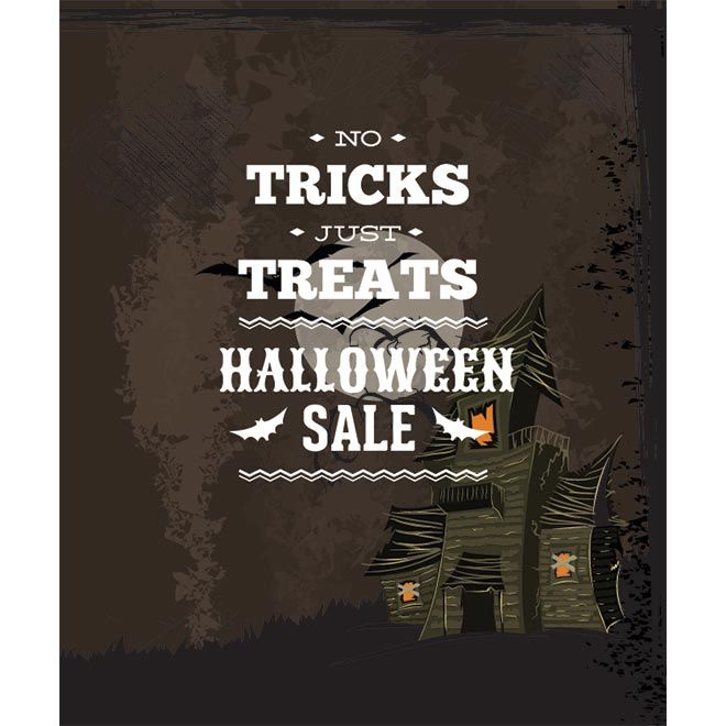No Tricks Just Treats Halloween poster design in background hunted house on grunge poster and greeting card template design illustration