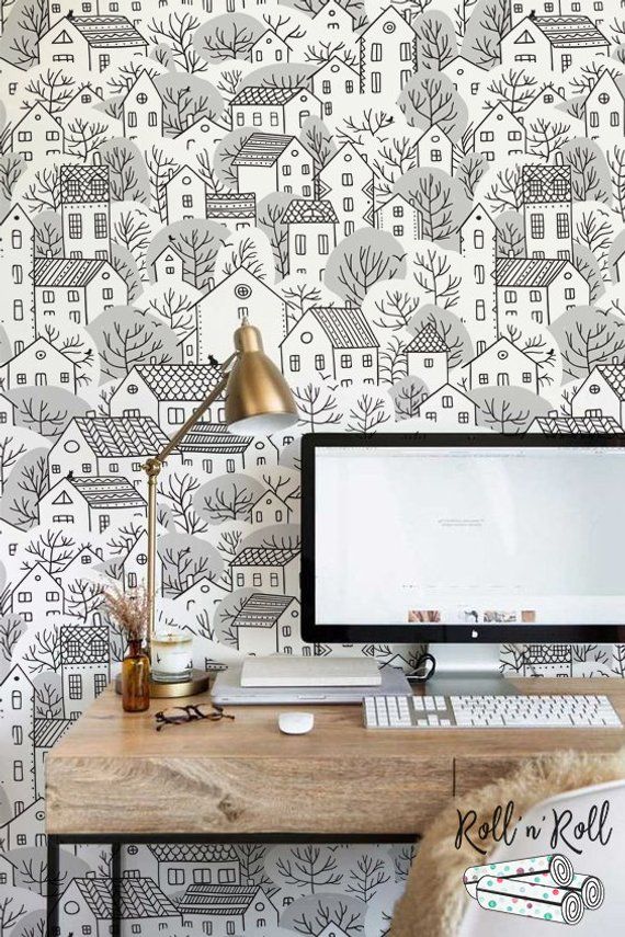 Doodle Houses Wallpaper Removable Wallpaper Or Traditional Etsy Home Wallpaper Removable Wallpaper Black And White Wallpaper