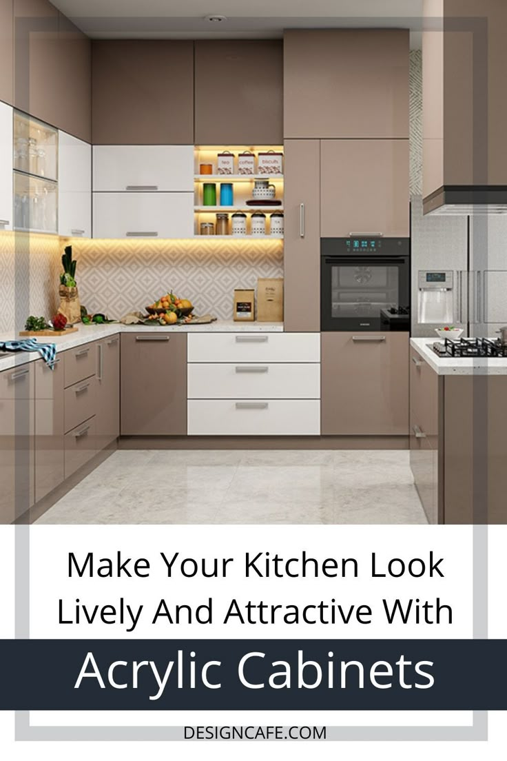 an image of a kitchen with white cabinets and gray counter tops, text reads make your kitchen look lively and attractive with acrylic cabinets