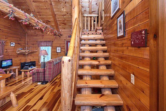 Full Log Stairs In Lovers Loft Hocking Hills Ohio Rental Cabin Hocking Hills Ohio Cabins Indoor Hot Tub Family Vacation Cabin