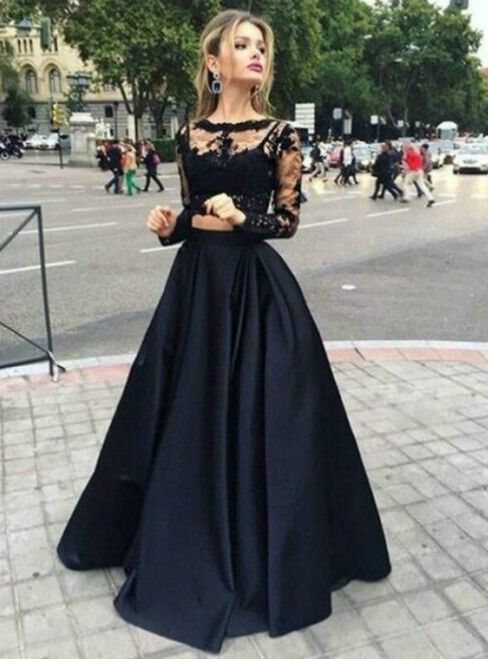 Black Lace Two Piece Long Sleeve Prom Dress 2018 #beautifuldress#uniquedress#sum...