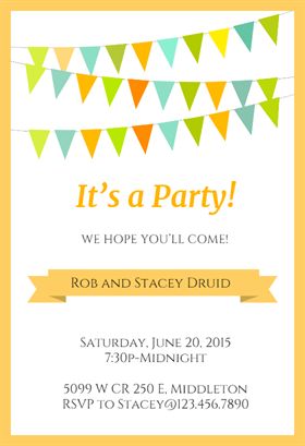 "Pennants and Ribbon Yellow" printable invitation template. Customize, add text and photos. Print or download for free!
