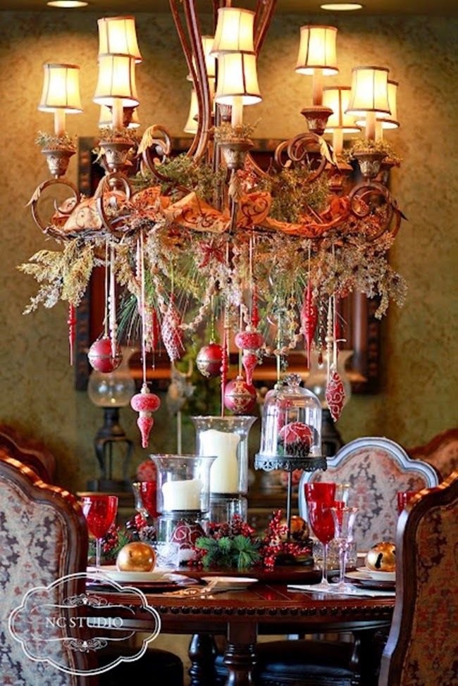 930 Best Tis The Seasons Images On Fl Arrangements 20 Beautiful Chandelier With Hanging Red Ornaments Vintage Ribbon And Evergreens Digsdigs
