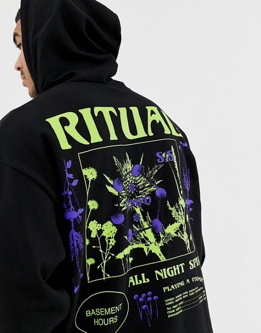 ASOS DESIGN oversized hoodie with floral and text print in black