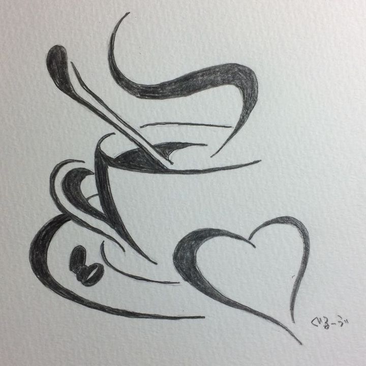 a drawing of a coffee cup with two hearts on the bottom and one in the middle