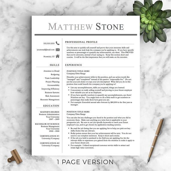 Professional Resume Template for Word & Pages: The Stone - Instant Download - US Letter and A4 sizes included - Mac & PC Compatible using Microsoft Word or Mac Pages - *No font installation required with this template!* __________________ COUPONS: -> 2 Resumes for $25 ($USD) with code GETLANDED -> 3 Resumes for $35 ($USD) with code GETLANDED10 BONUS: -> Each purchase includes a Get Landed™ Resume Writing Guide: 7 pages packed with my most crucial tips and tricks to hel...