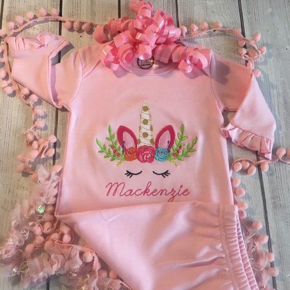 pink coming home outfit baby girl gift Personalized layette gown set embroidered girl applique baby shower gift