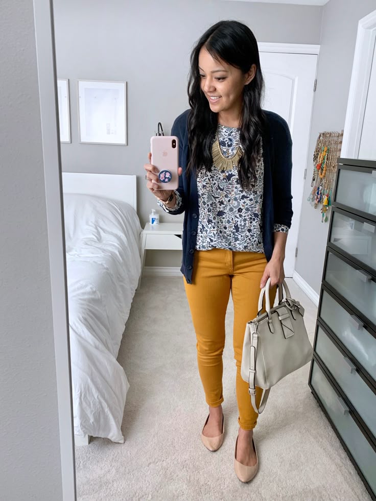 mustard yellow jeans + floral print top + navy blue cardigan mustard yellow jeans + floral print top + navy blue cardigan