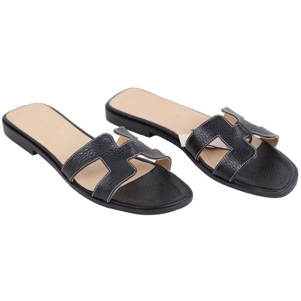 Preowned Hermes Paris Black Leather Oran Sandals Flat Shoes Slides Size ...