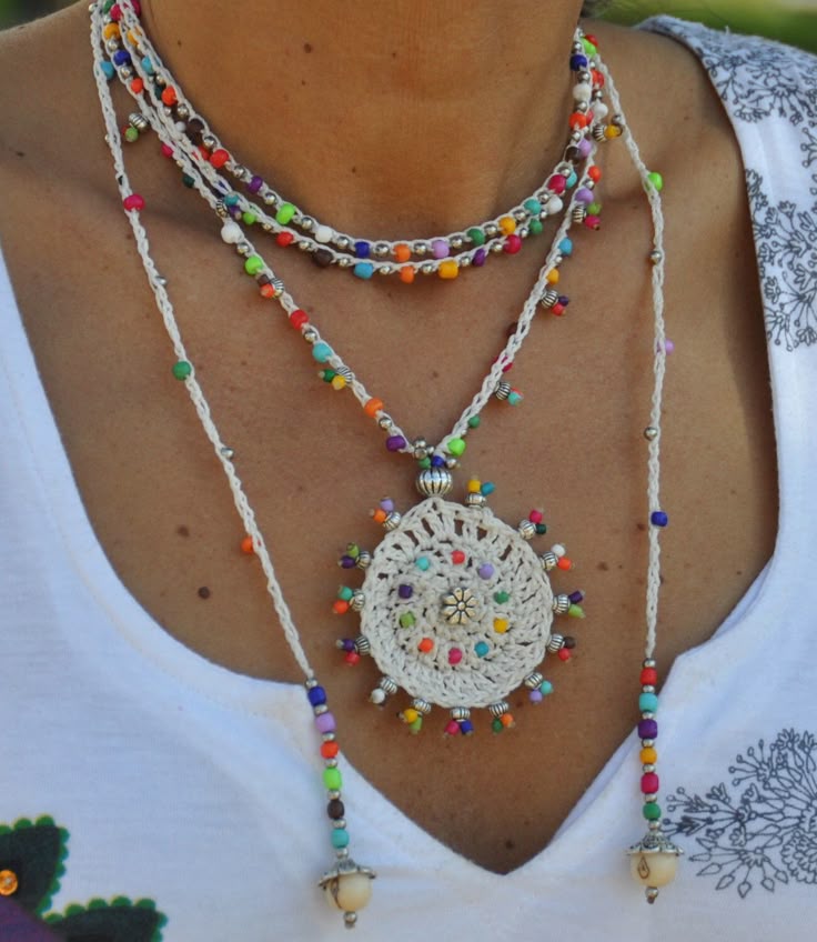 White TRIBAL MANDALA crochet NECKLACE boho necklace beaded crochet necklace ethnic jewelry hippie style colorful gipsy mandala