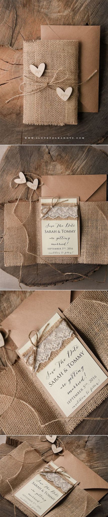 Leinwand-Hochzeitseinladungen und Save the Date-Karte mit hölzernen Umbauten - ...