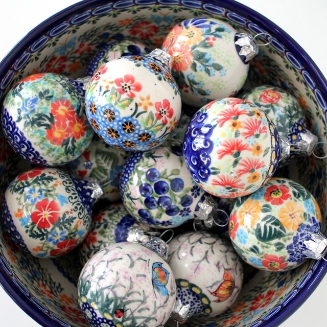 Red and Blue Roses Ceramika Boleslawiecka Kalich Polish Hand Made Christmas Ball Ornament