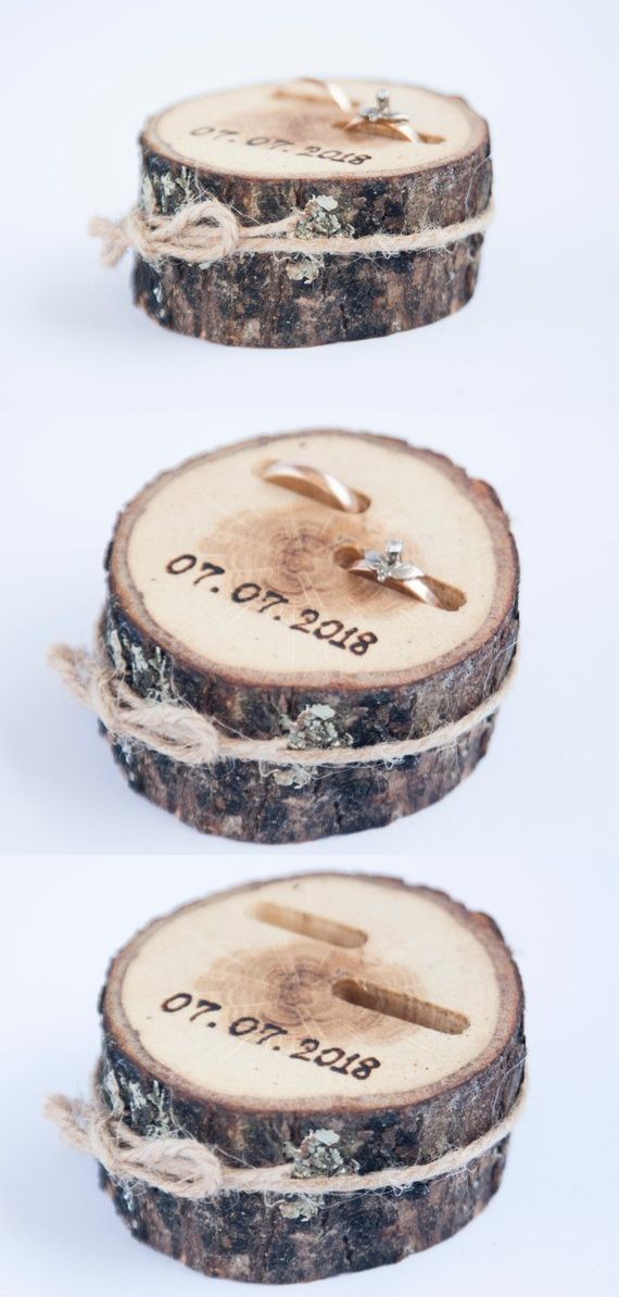 Rustic ring bearer pillow, wedding wood slice, rustic ring box, birch wedding de...