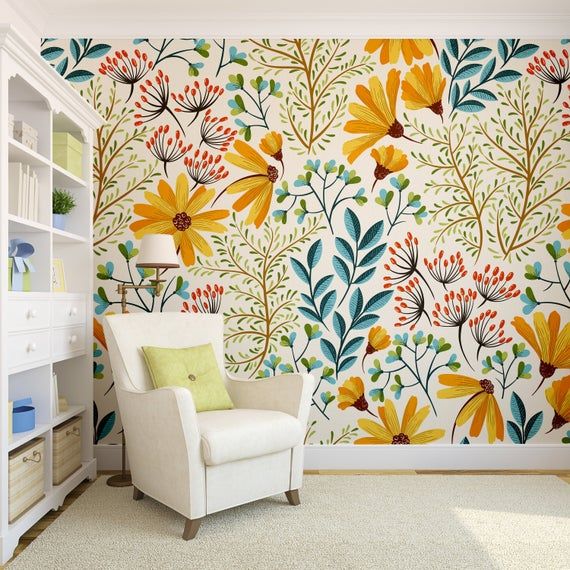 Removable Wallpaper Colorful Floral Wallpaper Self Adhesive Etsy Wall Wallpaper Home Wallpaper Room Wallpaper