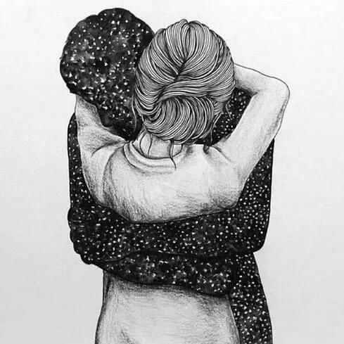 art boy drawing galaxy girl hug illustration space