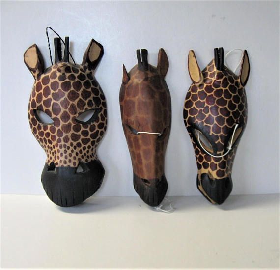 Art mask head tribal giraffe zoo safari jungle wood hand carve hang garden wall
