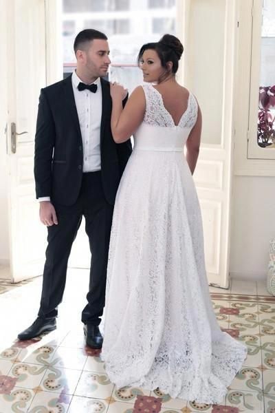 Plus Size A Line Deep V Neck Back Sleeveless Lace Bridal Wedding Plus Size V Neck Wedding Dress Lace A Line Bridal Angrila Plussizedresses Bridalgown Weddingdress