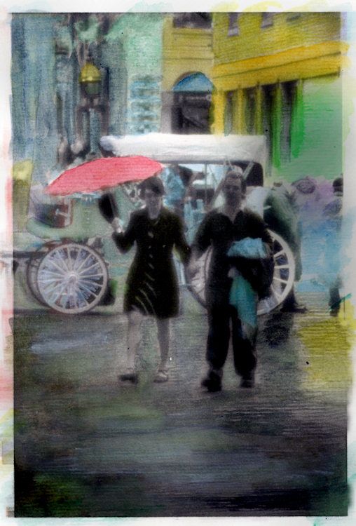 Red umbrella in downtown boston hand colored photograph Red umbrella in downtown boston hand colored photograph