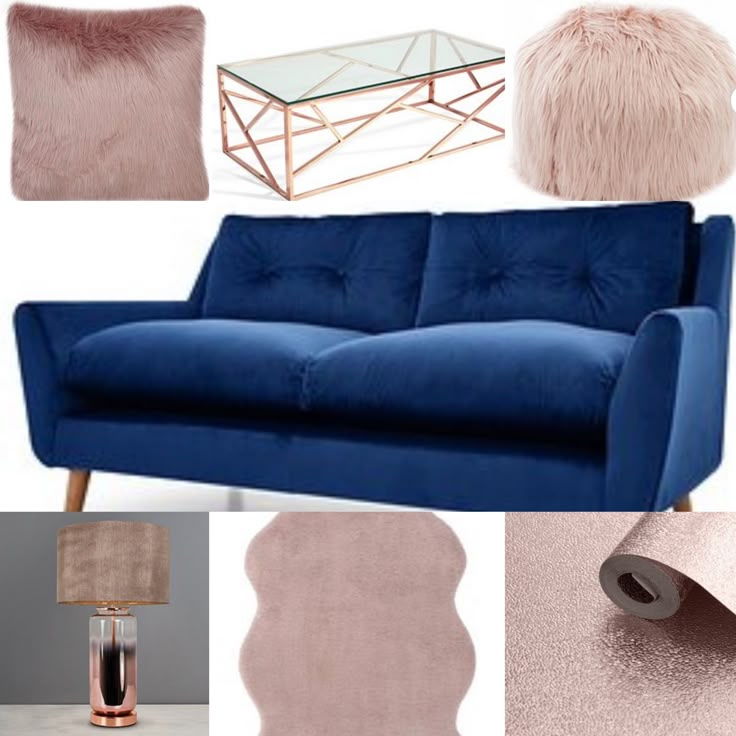 Navy blush & rose gold living room idea | Blue and pink living ...