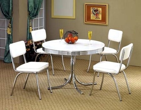 Com 5pcs Retro White Round Dining Table 4 Chairs Set Furniture Decor Kitchen Tables Vintage 5pcs Retro White Round Dining Table, Retro Round Kitchen Table And Chairs