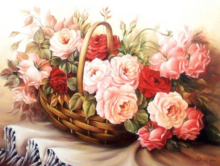 Розы в корзине картинки нарисованные, для подруги красивые