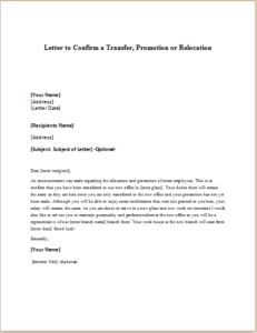 Letter to Confirm a Transfer, Promotion or Relocation DOWNLOAD at http://writeletter2.com/letter-to-confirm-a-transfer-promotion-or-relocation/