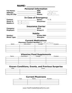 This medical information sheet covers many basic questions asked by most medical offices. This form can help your doctors help you get better, and may also help you track your own medications. Free to download and print