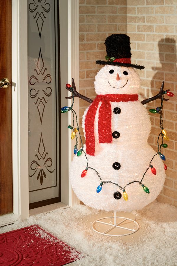 Collapsible Indoor Outdoor Lighted Snowman Figure Frosty Snowmen Warm winter greetings are implied with the Collapsible Lighted Snowman's cheery smile. This indoor/outdoor decoration has a black top hat and red scarf. - Collapsible Indoor Outdoor Lighted Snowman Figure Frosty Snowmen