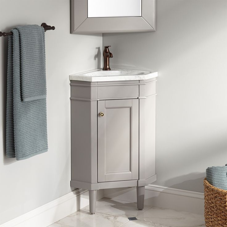 23 Winstead Gray Corner Vanity With Carrara Marble Top Narrow Vanities Bathroom Vanities Bathroom Corner Vanity Bathroom Top Bathroom Vanity