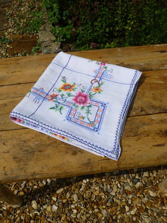 Vintage Embroidered Cross Stitch Tablecloth 124x128cm | Cross stitch