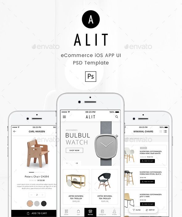 Alit - Minimalist eCommerce PSD UI for iOS App Alit is a minimalist, modern, clean and fresh UI design template for eCommerce (Online Shopping) or marketplace app. We made this template fit for your service. This template including product detail, product review, product grid and list style, shopping cart, checkout page, about us, contact us,