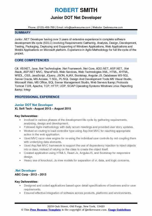 Entry Level Net Developer Resume Sample Resume Template Job Resume Samples Resume Entry Level