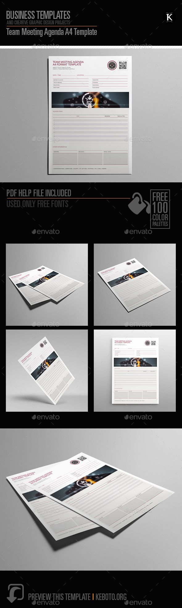 Preview this itemhereTeam Meeting Agenda A4 TemplateSpecifications: Format: A4 PortraitColor Model: CMYKSoftware: Adobe InDesignFi