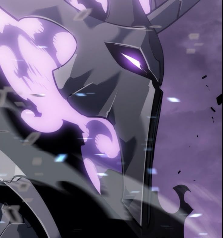 This may contain: an anime character with purple hair and eyes looking at something in the distance behind him