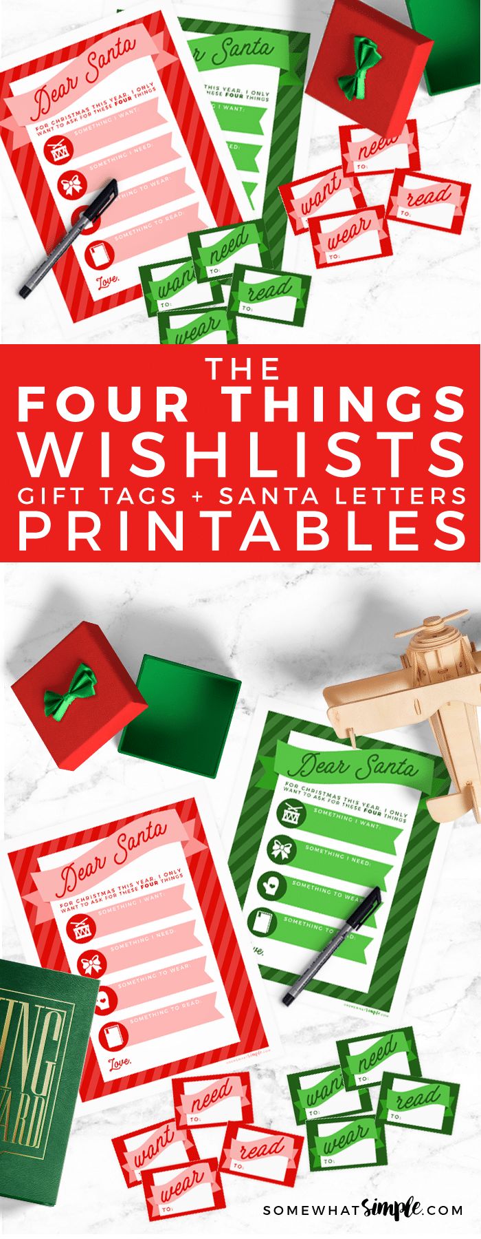Christmas Wish List Santa Letters and Gift Tags: Create a simple Christmas Wish List with your kids. Give them something they want, something they need, something they wear and something they read.
