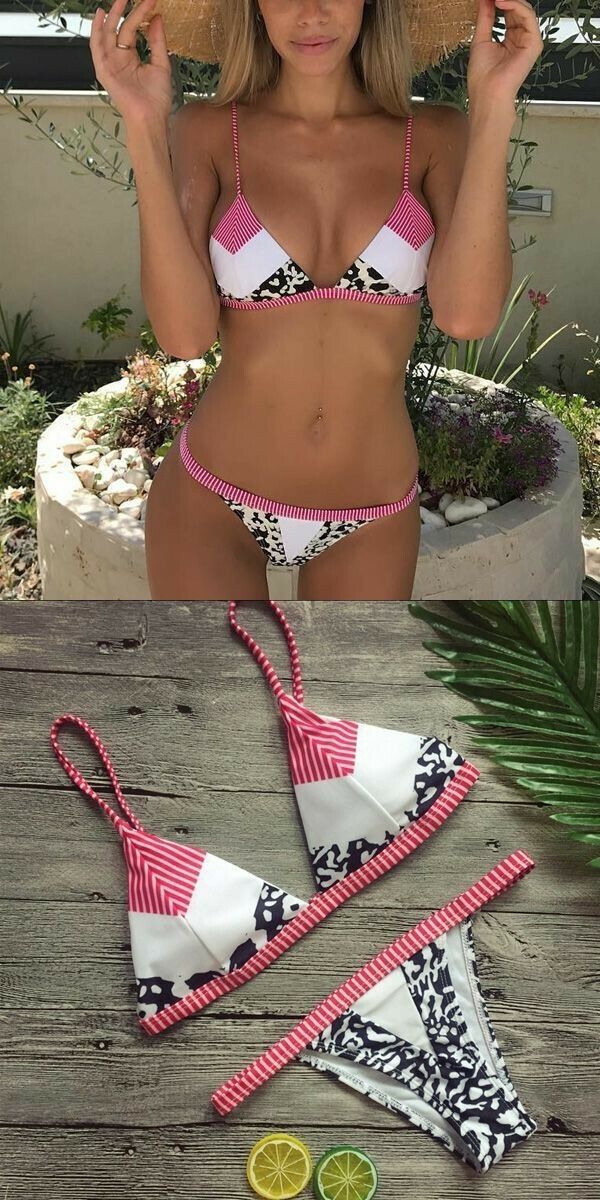 Women's Bikini Set Striped Knot High Leg Straps Padded Two Pieces Swimsuit