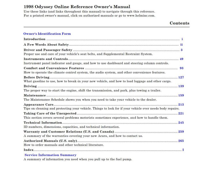 Honda Odyssey 1998 Owner's Manual has been published on ProCarManuals