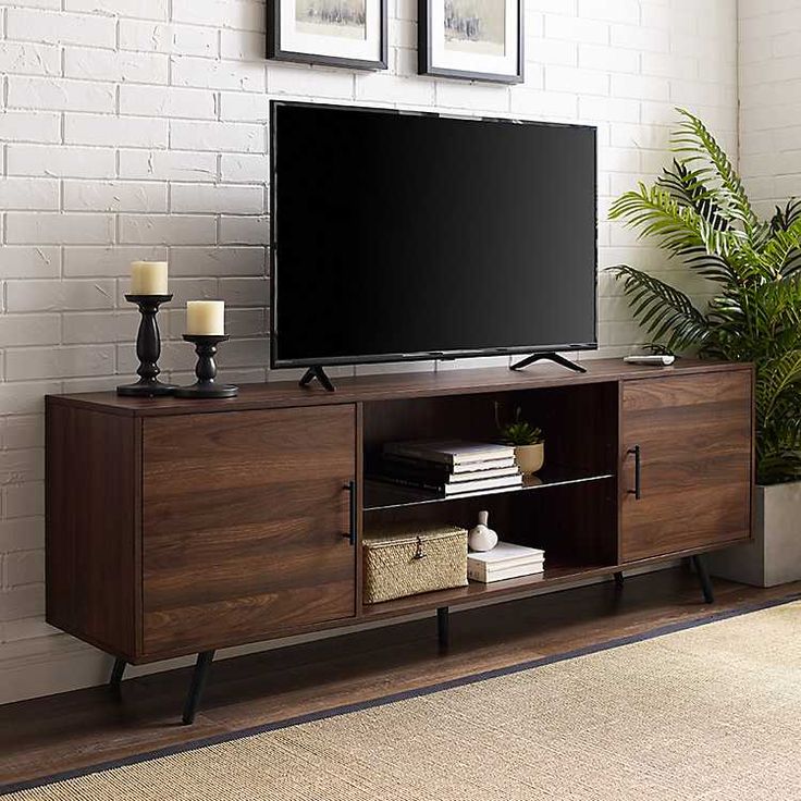 Dark Walnut Mid-Century Modern Glass Shelf Cabinet | Kirklands | Tv