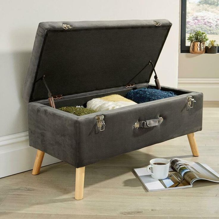 Pouffe Seat Velvet Storage Bench In Grey Stylish Solutions With Contemporary Home Furniture Pouffe Seat Velvet Storage Bench In, Storage Trunk Bench With Lock