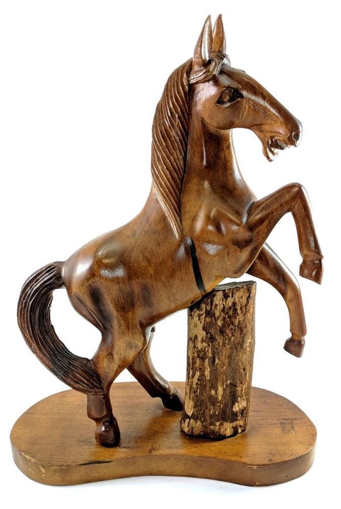 Horse Statue Solid Wood Carved Sculpture On Base Rearing Horse Statue Solid Wood Carved Sculpture On Base Rearing