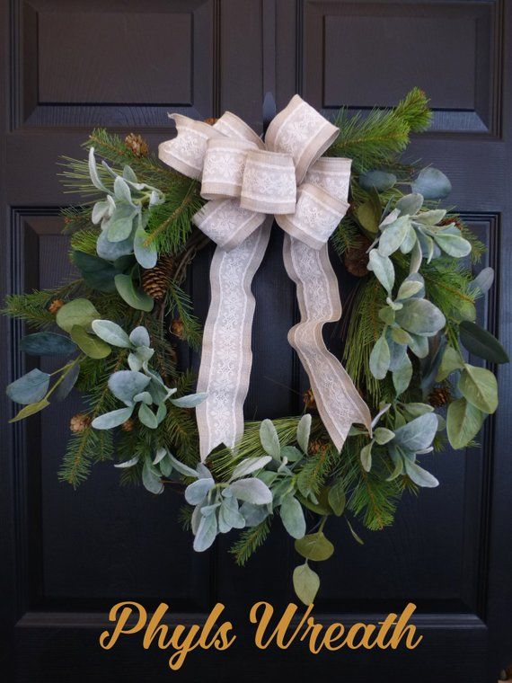 Christmas Lambs Ear Wreath Wreaths For Front Door Pine Christmas Lambs Ear Wreath Wreaths For Front Door Pine Holiday Winter Eucalyptus Modern