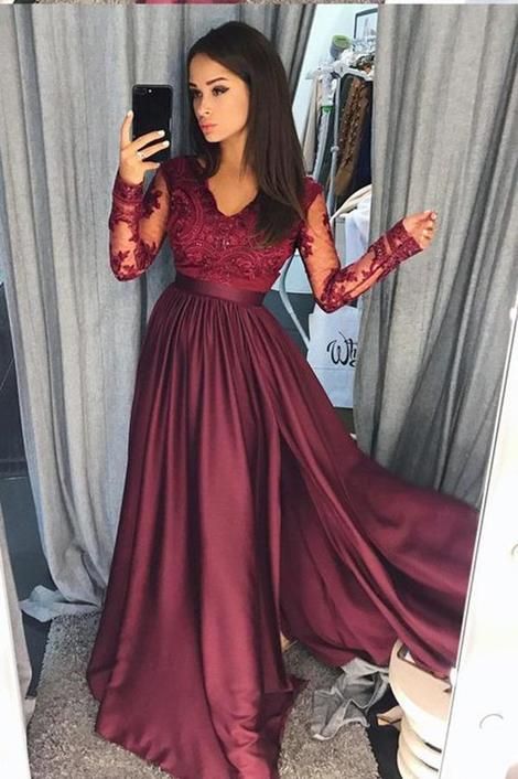 A-line Long Prom Dress With Sleeves School Dance Dress Fashion Winter Formal Dress YDP0240